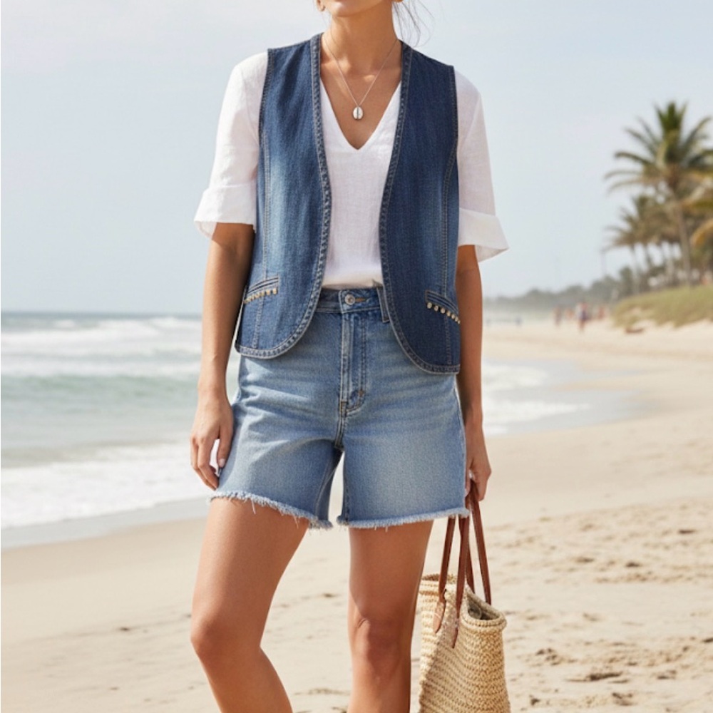 Chico's‎ Platinum Denim Vest sz 3 boho western rodeo casual beaded gypsy grunge